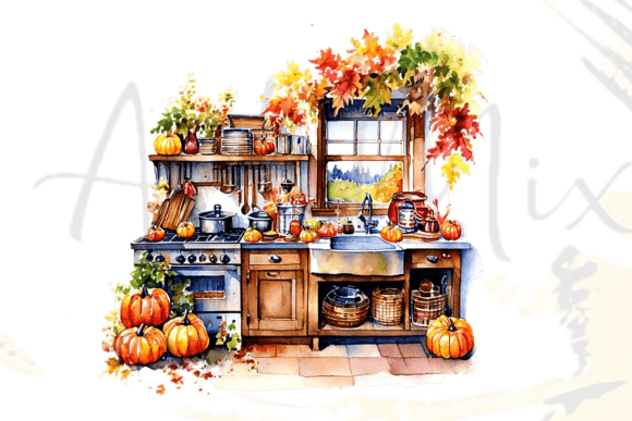 Autumn Kitchen Watercolor Png for Designers