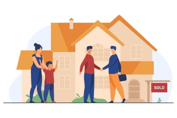 Happy Family with Kid Buying New House Vector