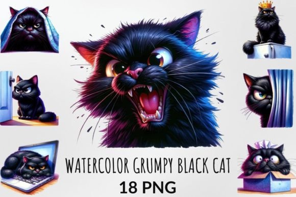 Watercolor Grumpy Black Cat Sublimation